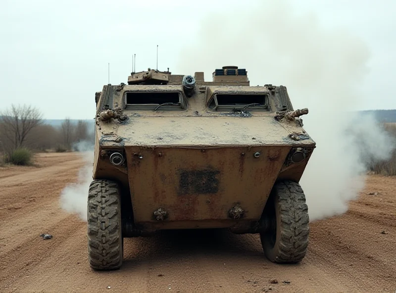 Armored vehicle, slightly damaged, after a test firing with smoke in the background.