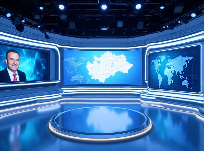 Studio set of a modern news program, bright lights, multiple cameras