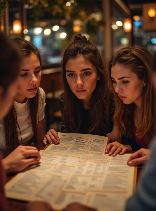A group of young people looking at a restaurant menu with concerned expressions, prices highlighted