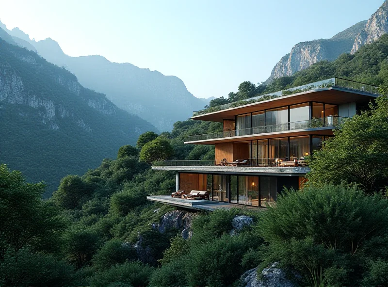 Architectural rendering of a modern hotel with sleek design, surrounded by mountains
