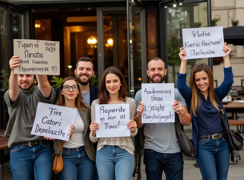 A group of young people protesting outside a restaurant with signs about high prices.