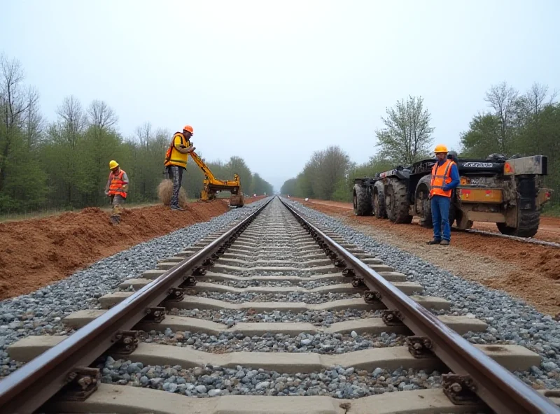 A long stretch of railway track under construction with workers and heavy machinery.