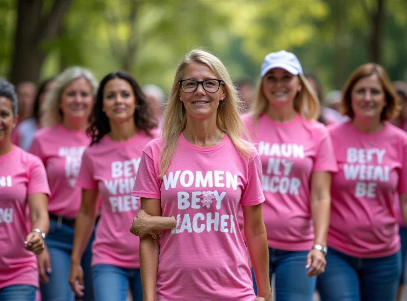 A group of people participating in a charity walk to raise awareness and funds for women with cancer