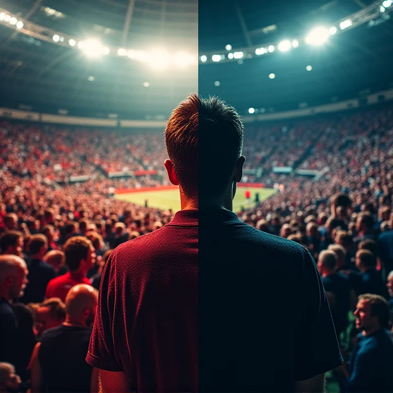 A split image showing one half with a vibrant stadium crowd cheering and the other half with a shadowy figure implying match-fixing