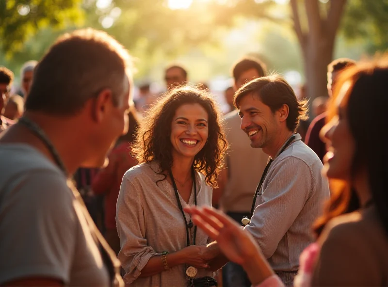 A diverse group of people smiling and interacting in a public space, symbolizing community and connection.