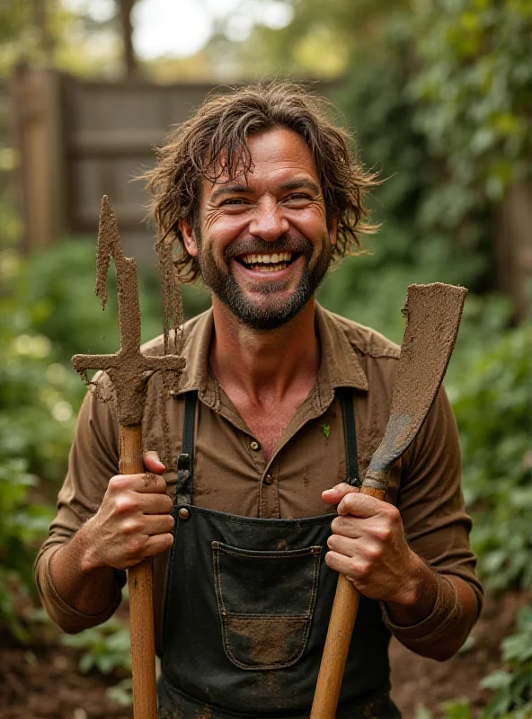 A slightly disheveled person smiling while covered in dirt and holding gardening tools, suggesting the humorous chaos of gardening.