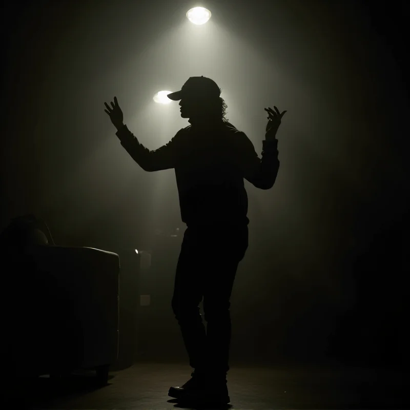 A person dancing freely and joyfully in a dimly lit room, suggesting freedom from self-consciousness and the pure enjoyment of movement.