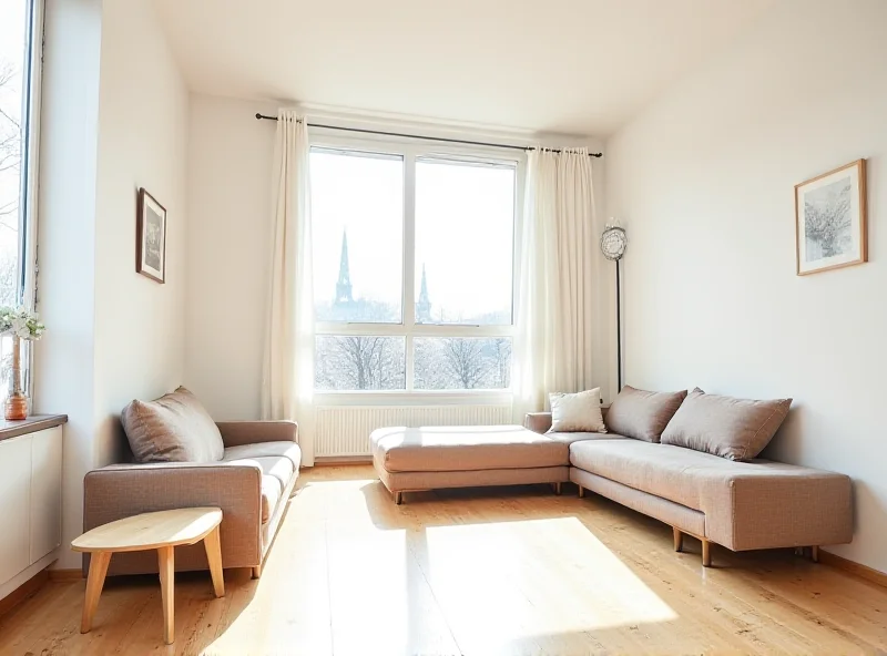 Interior of a small, modern apartment in Prague with minimalist design and clever space-saving solutions.