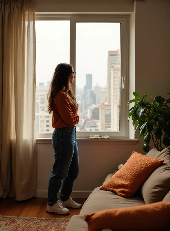 A person standing in a cozy living room of a small apartment, looking out the window with a thoughtful expression.