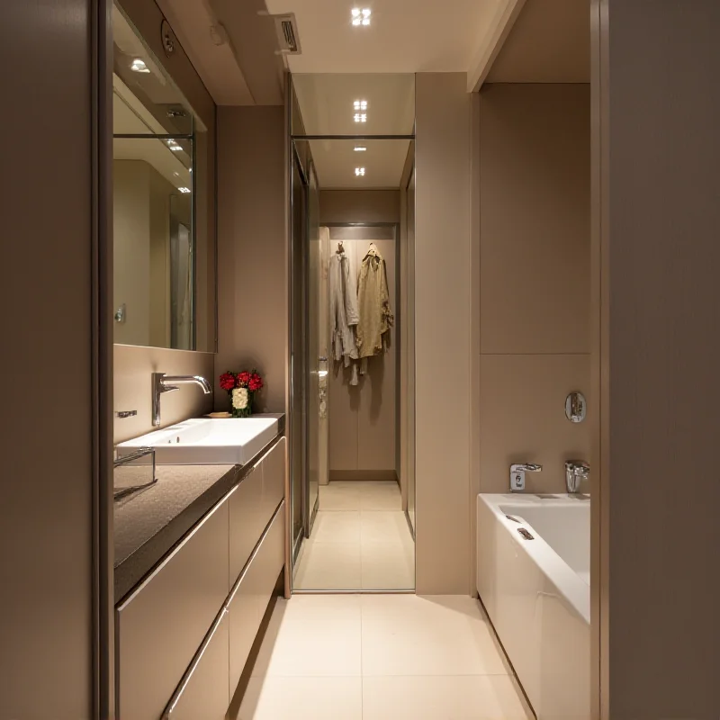 A modern bathroom cleverly integrated into a wardrobe within a small apartment, showcasing innovative space-saving design.