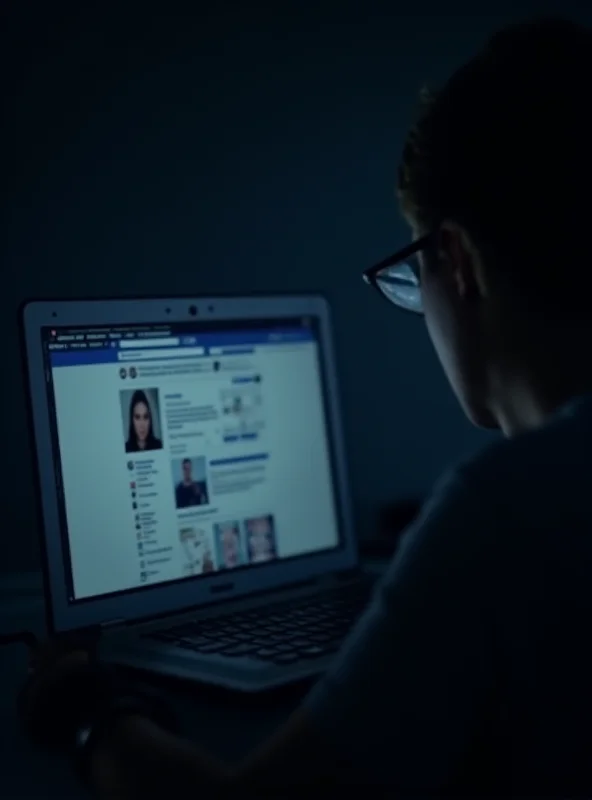 A person looking suspiciously at a laptop screen with a Facebook page open.