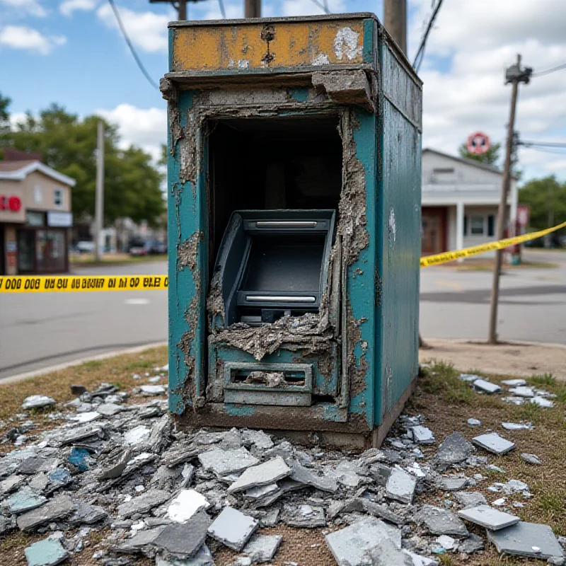 A destroyed ATM machine with debris scattered around it.