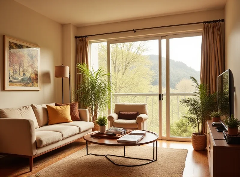 A cozy living room in a rental property with warm lighting and modern furniture.