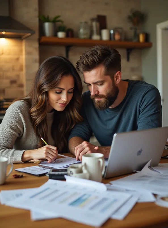A young couple reviewing financial documents and using a laptop at their kitchen table.