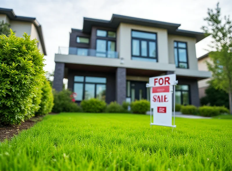 A modern house exterior with a well-manicured lawn and a 'For Sale' sign in the front yard.
