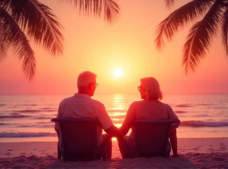 A serene image of a retired couple enjoying a sunset on a beach.