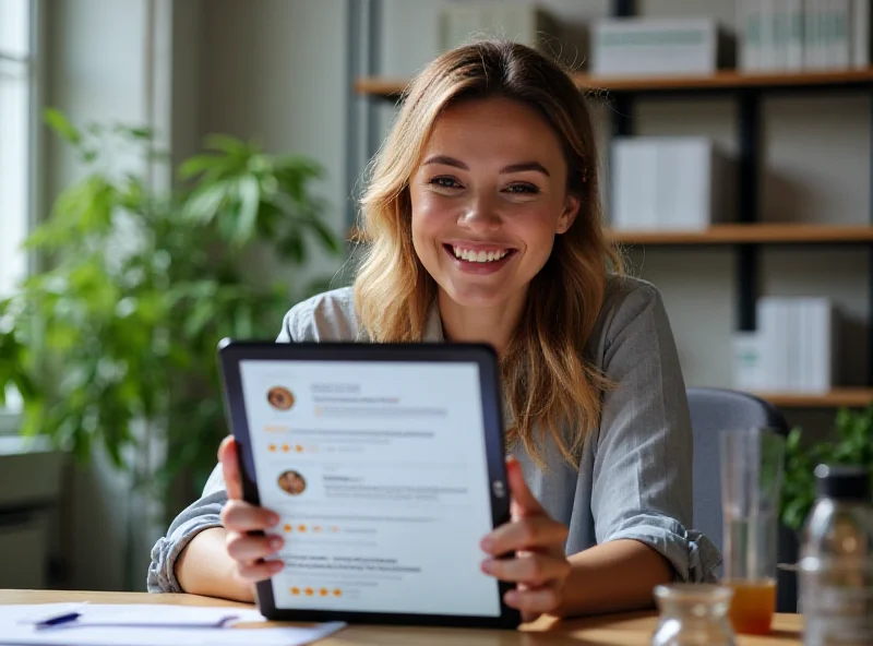 Person reading online reviews on a tablet.