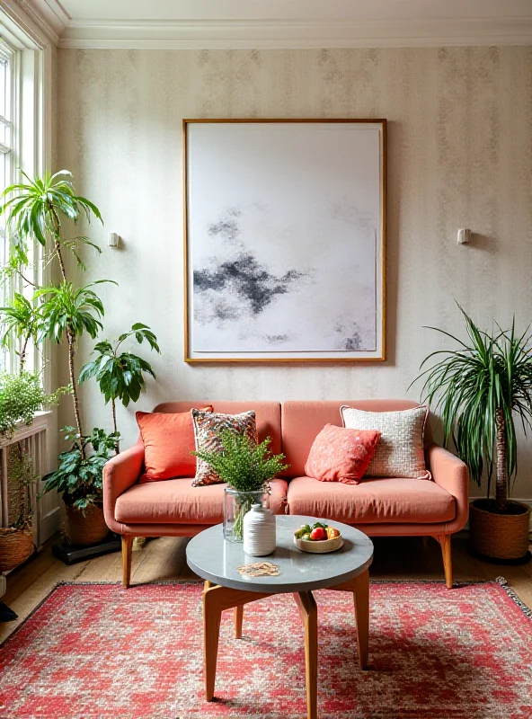 Living room with renter-friendly decorations: plants, rugs, removable wallpaper.
