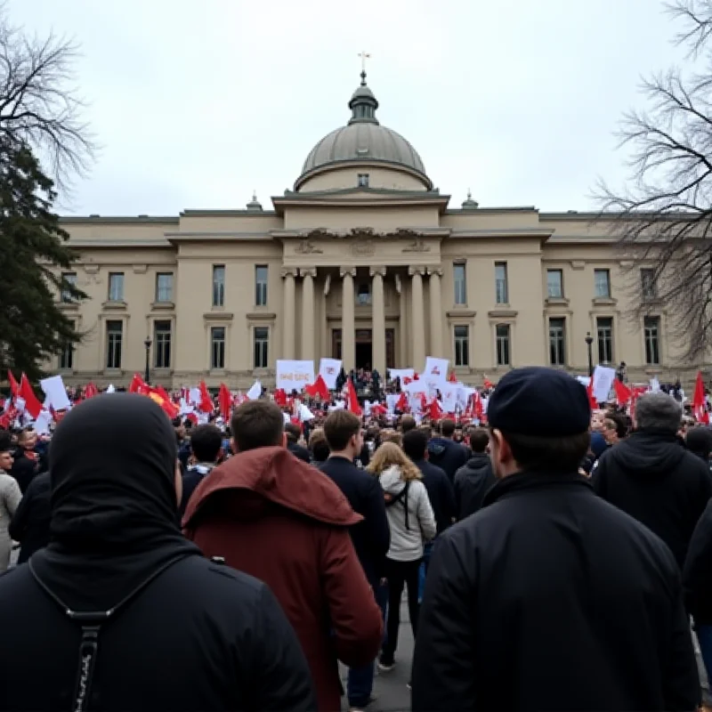 A wide shot of the Serbian parliament building with protesters gathered outside.