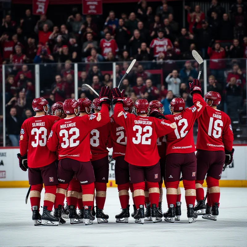 Team celebration of Sparta Prague after winning a hockey game.