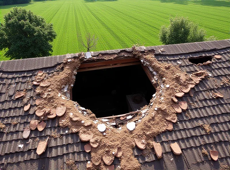 A damaged roof with a hole in it, surrounded by debris, in a rural setting.