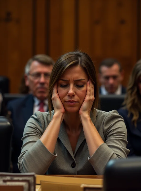 A woman sitting in a council chamber, looking stressed and holding her head in her hands.