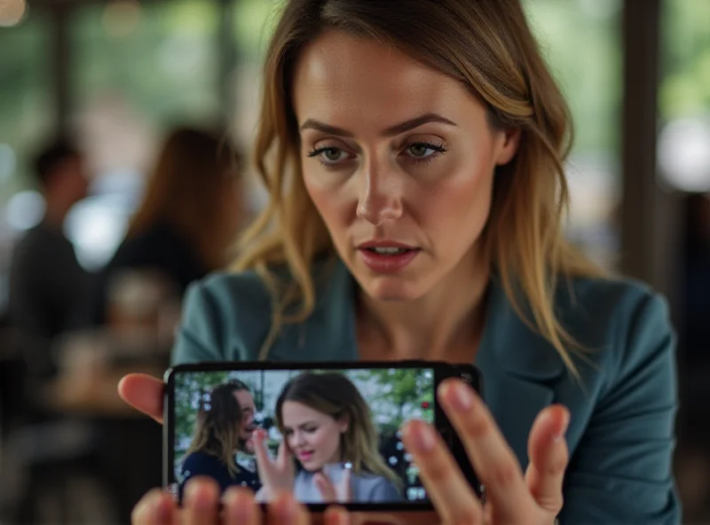 A concerned woman looking at a smartphone displaying a controversial video of a woman and a young boy kissing, with a shocked expression on her face.