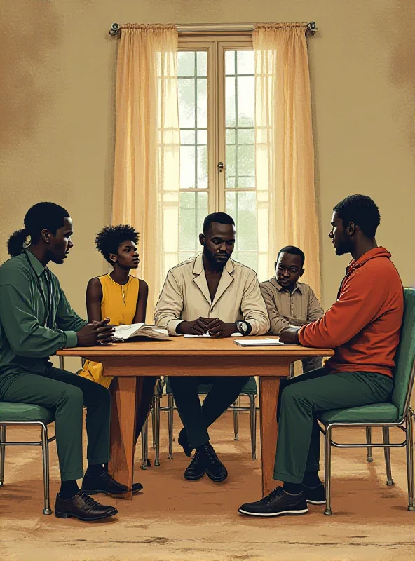 An illustration depicting a family meeting in a South African home, with subtle indications of the unusual circumstances, such as concerned expressions and minimalist setting.