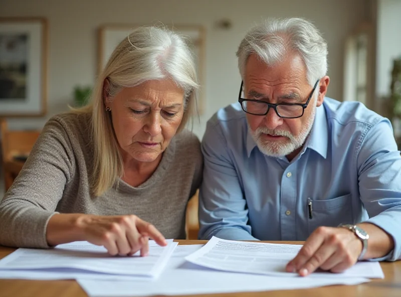 Senior couple looking at financial documents with concerned expressions.