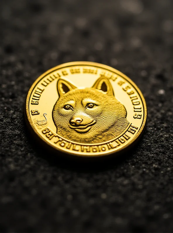 Close-up of a golden Dogecoin cryptocurrency on a dark background.