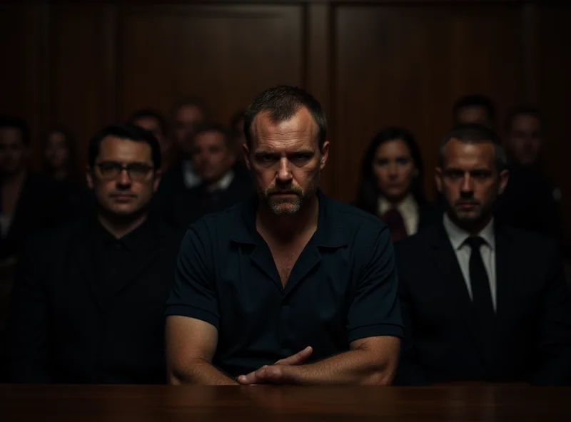 A courtroom scene with a defendant and lawyers. The atmosphere is somber and serious.