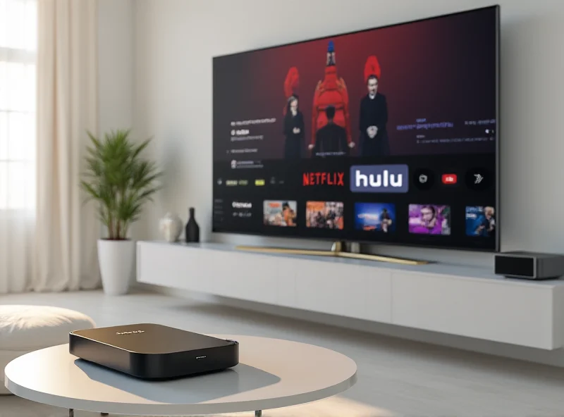 Concept rendering of a sleek, minimalist Sonos streaming box connected to a modern television, with logos of popular streaming services displayed on the TV screen.