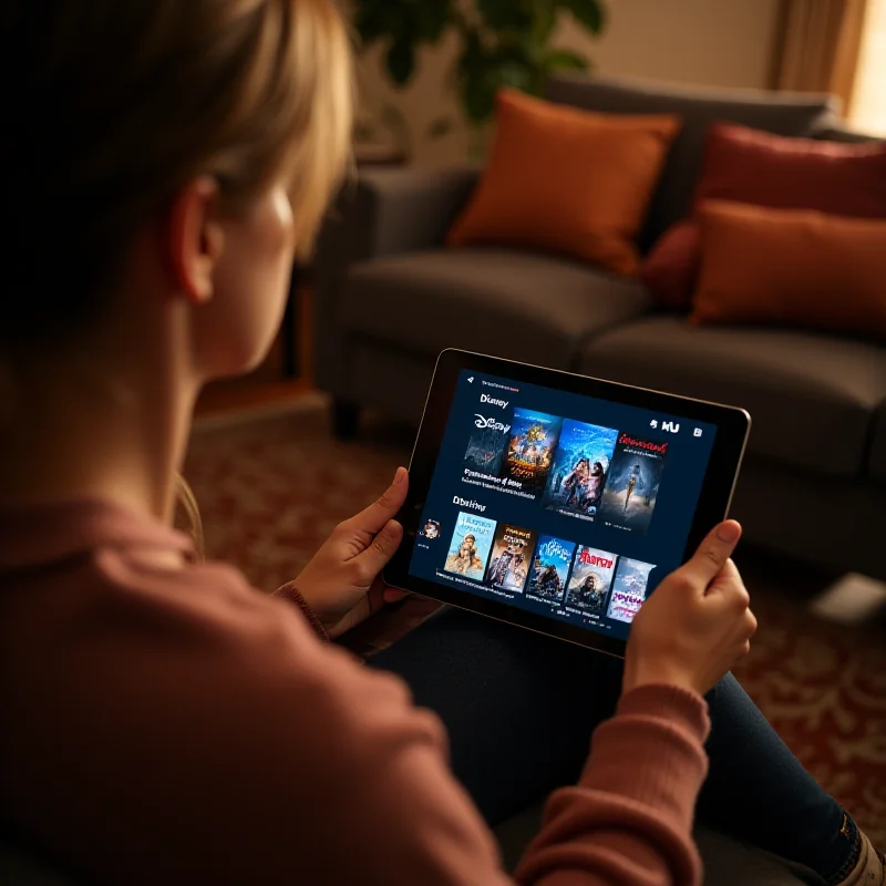 A person relaxing on a couch, using a tablet to stream content from Disney+ and Hulu. The living room is cozy and inviting, with soft lighting.
