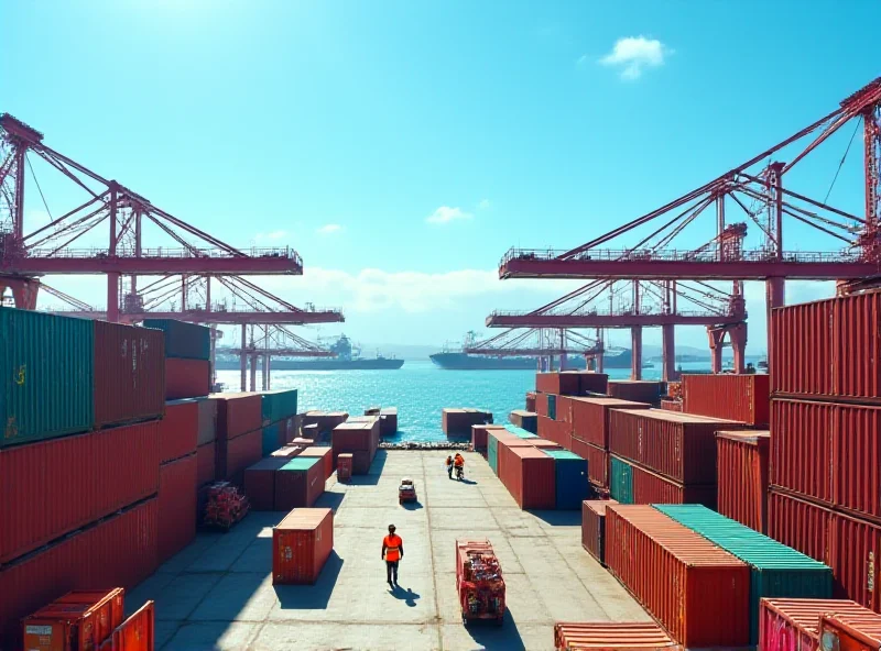 Containers being loaded onto a cargo ship in a South African port, representing exports.