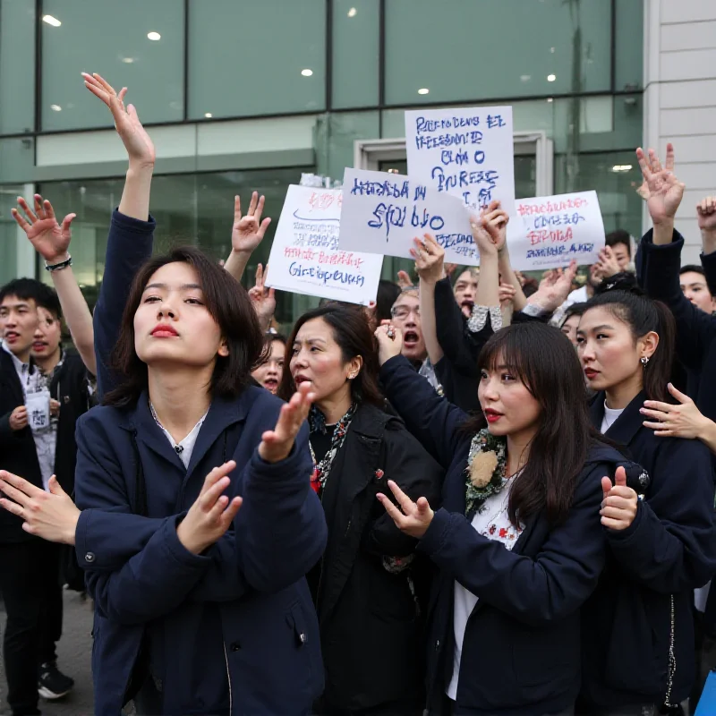 Protestors holding signs outside the courthouse in South Korea.