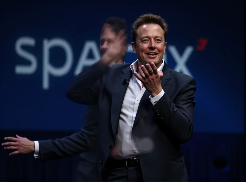 Elon Musk standing on a stage, smiling and gesturing with his hand. He is wearing a dark suit and a white shirt. Behind him is a large screen displaying the SpaceX logo.