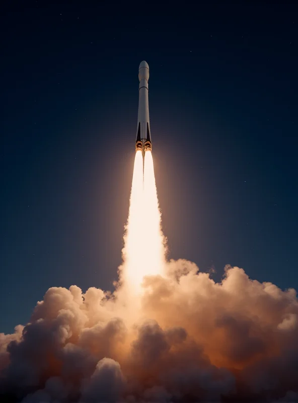 Falcon 9 rocket launching into space, with bright flames and smoke, against a dark blue sky with stars visible in the background. The rocket is ascending rapidly.