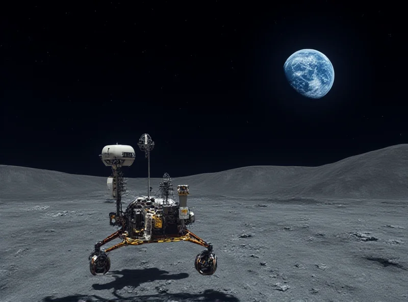 A stylized graphic of the moon, with a small, futuristic-looking lander spacecraft descending towards the surface. The surface is rocky and cratered, and the Earth is visible in the distance.
