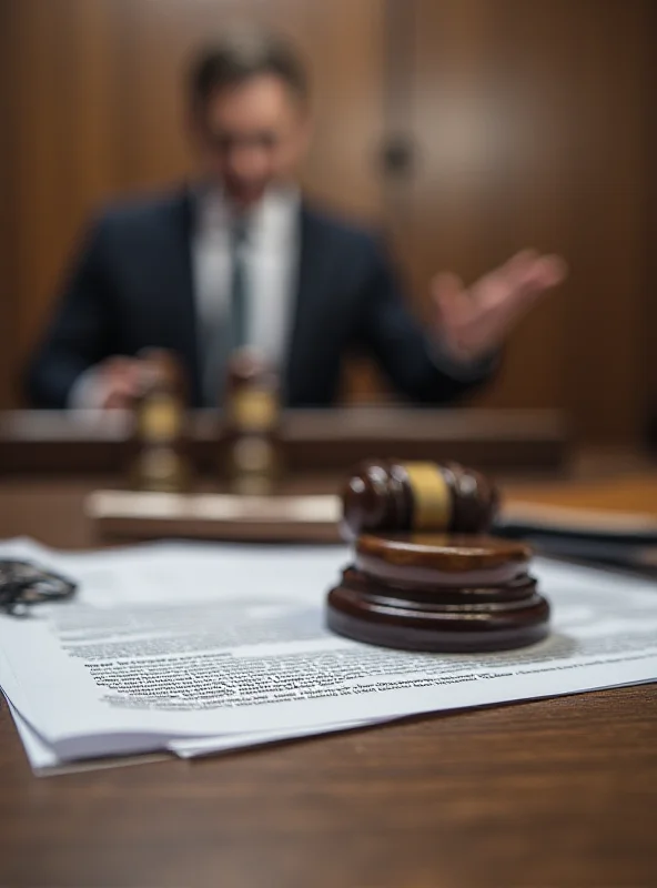 A courtroom scene with a gavel and legal documents in the foreground, representing the OpenAI lawsuit.