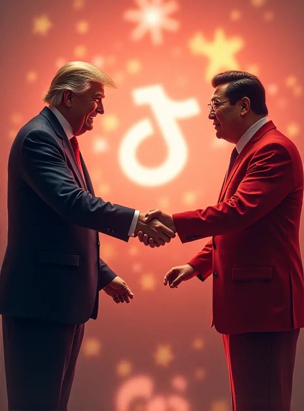 Digital illustration depicting a handshake between two figures representing the US and China, with the TikTok logo in the background.