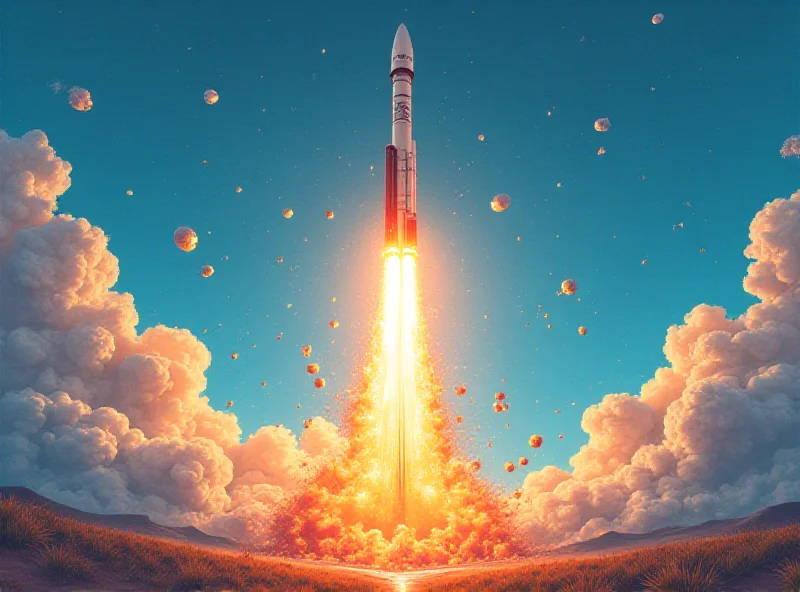Illustration of a SpaceX Starship launch ending in an explosion, with debris scattered in the sky.