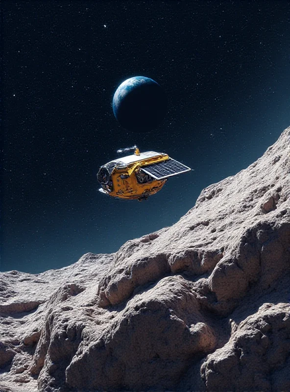 Concept art of the AstroForge Odin spacecraft approaching an asteroid in deep space, with Earth visible in the background.