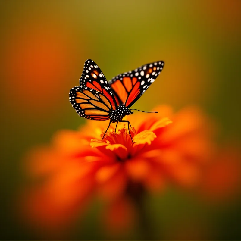 A close-up photograph of a Monarch butterfly perched on a brightly colored flower, with a blurred background showing other wildflowers.