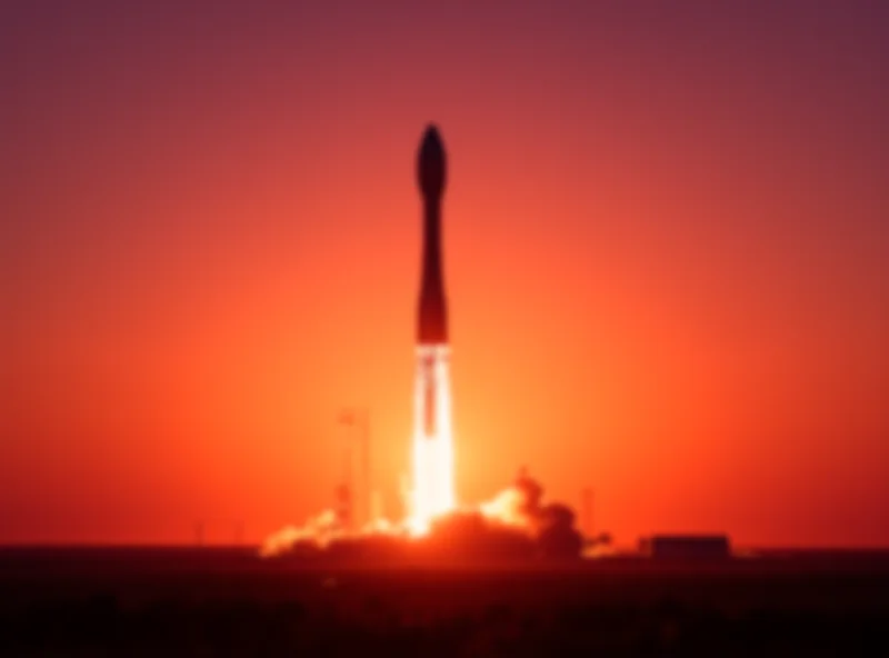 A SpaceX Falcon 9 rocket launching into space at dusk, silhouetted against the setting sun with flames erupting from the rocket's base.