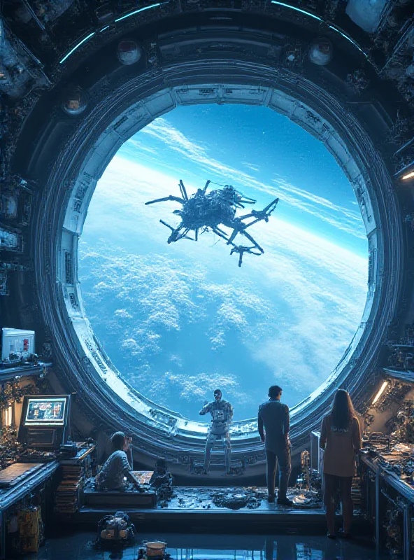 A futuristic space station orbiting Earth, with the SpaceX Dragon spacecraft docked. Scientists are working inside, conducting experiments in a microgravity environment.