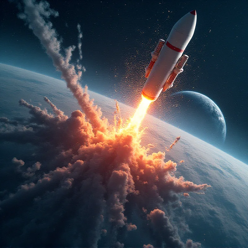 Digital art depicting a rocket exploding in the upper atmosphere, with visible plumes of smoke and debris. The Earth is visible in the background.