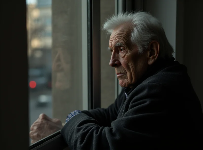 A sad elderly person looking out of a window, symbolizing the wait for benefits in Spain.