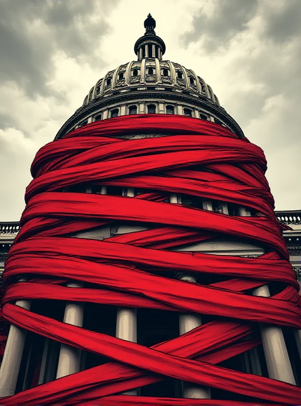 A stylized image of a red tape tangled around a government building, symbolizing bureaucracy and corruption.