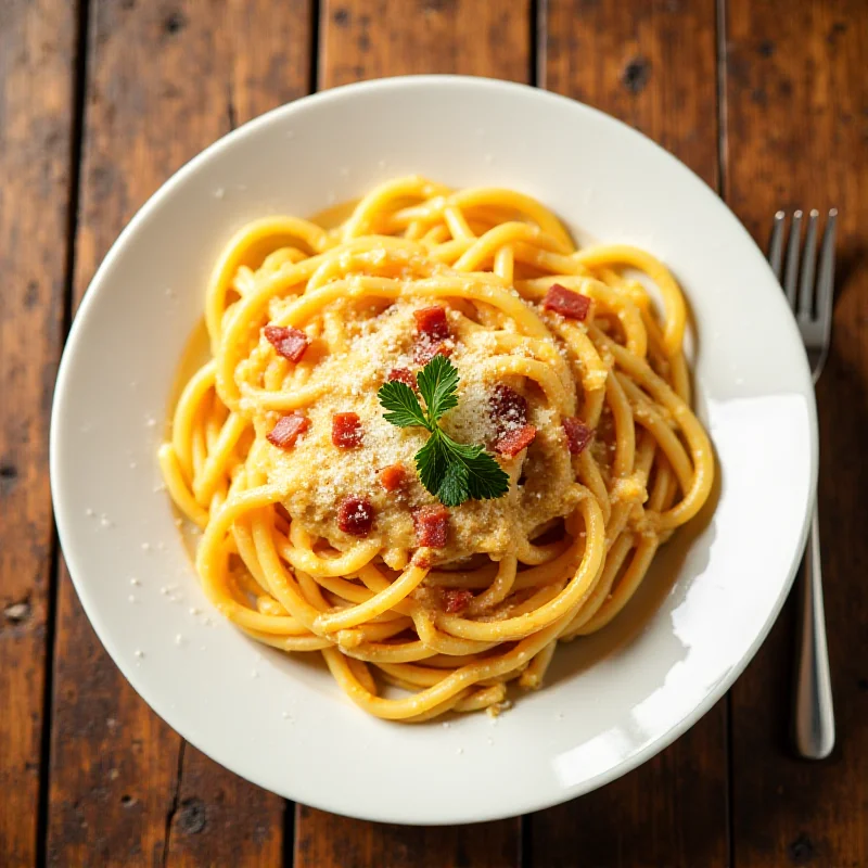 Overhead shot of a plate of spaghetti carbonara, garnished with parsley.