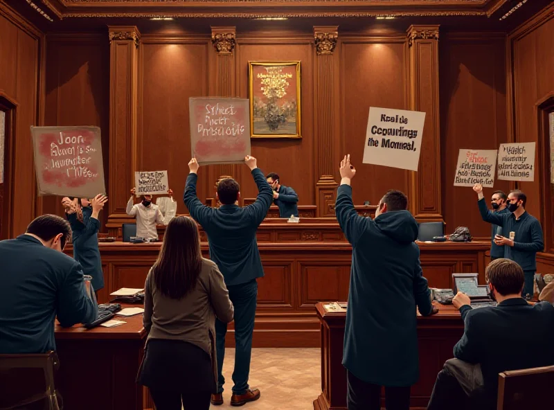 Illustration of a courtroom scene with journalists protesting in the background.